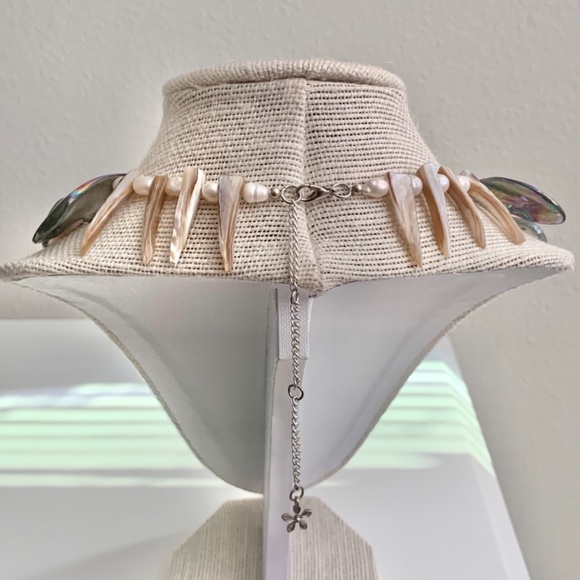 Iridescent Blue Shell Beaded Necklace w/ Tan Shell Pieces - Picture 3 of 6